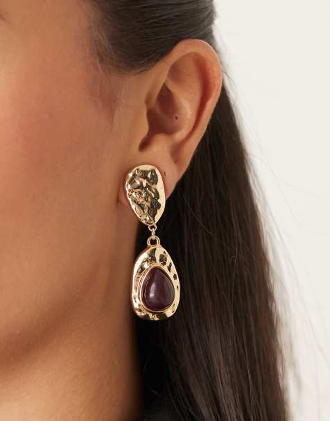 DesignB London molten gem stone stud drop earrings in gold - view 1