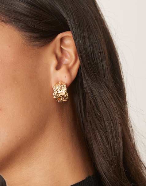 DesignB London molten hammered mini hoop earrings in gold - view 1