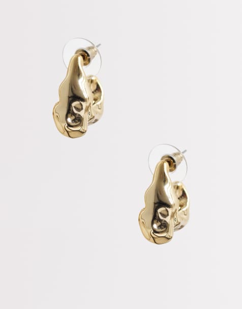 DesignB London molten irregular hoop earrings in gold - view 1