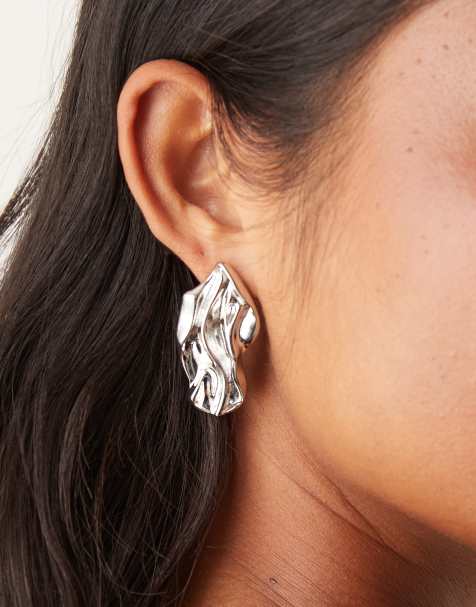 DesignB London molten statement textured stud earrings in silver - view 1