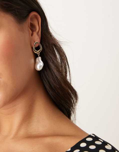 DesignB London molten stud and pearl drop earrings in gold - view 1