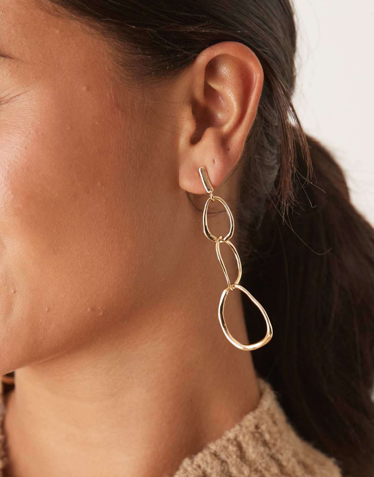 DesignB London molten triple link drop earrings in gold
