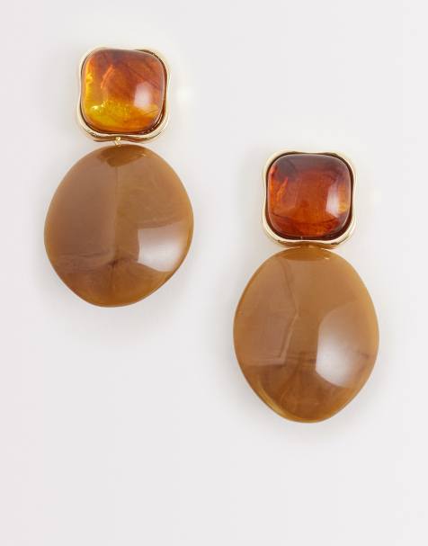 DesignB London - Mørkebrune ørestikker med sten i resin og hængende design - view 1