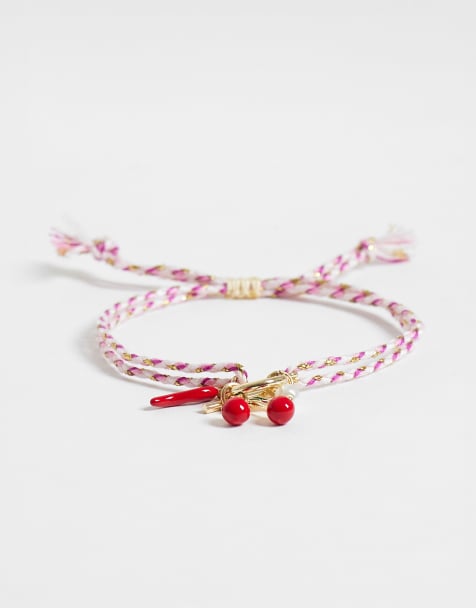 DesignB London multi charm cord slider bracelet in red and gold - view 1