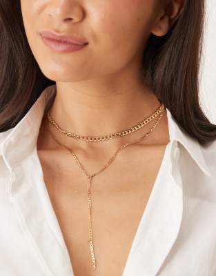 DesignB London multi layer curb chain and lariat necklace in gold