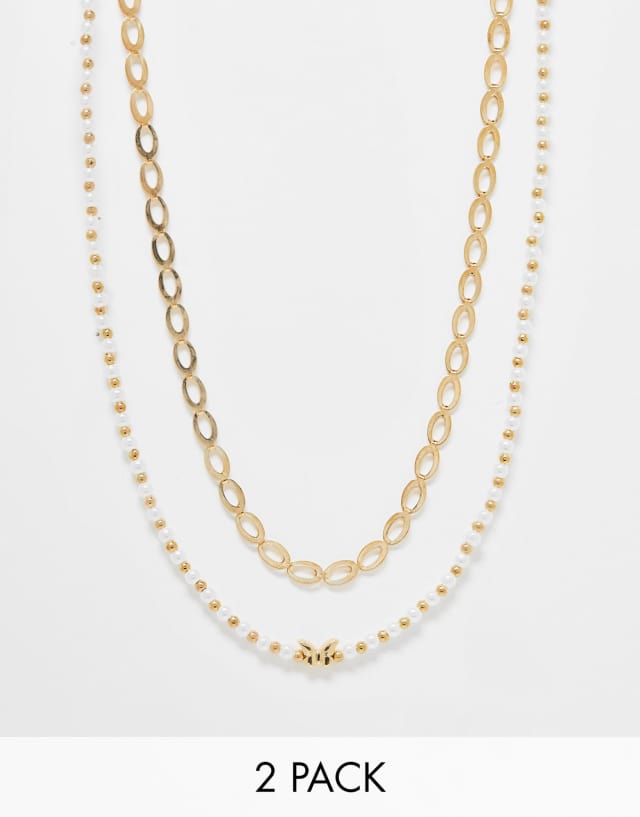 DesignB London multipack chain and pearl necklace in gold