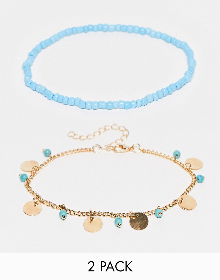 multipack disc charm and beaded anklets in gold