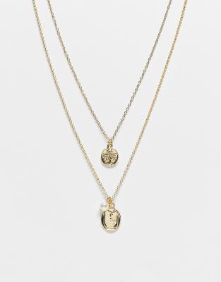 DesignB London multipack necklace with pearl and coin pendants in gold