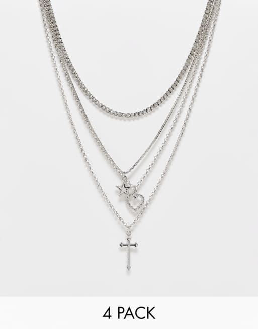 DesignB London multipack of 4 grunge pendant necklaces in silver