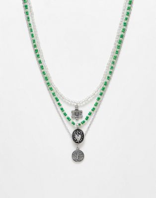 DesignB London multipack of green beaded necklaces in silver