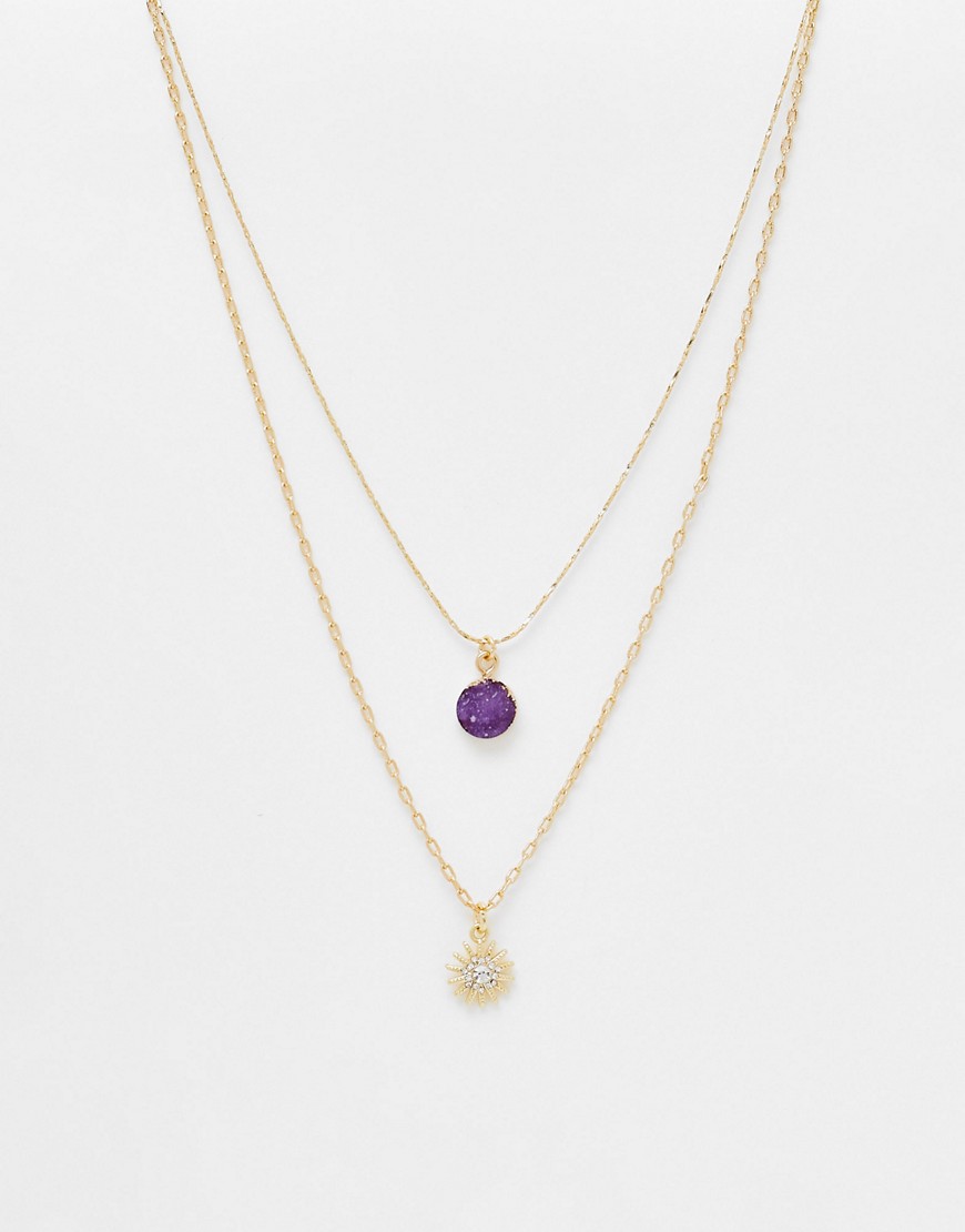 DesignB London multipack semi precious necklaces in gold and purple