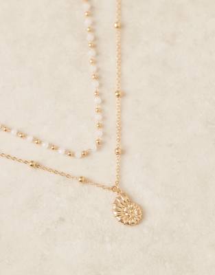 Designb London Multirow Bead And Chain Necklace With Shell Pendant In Gold