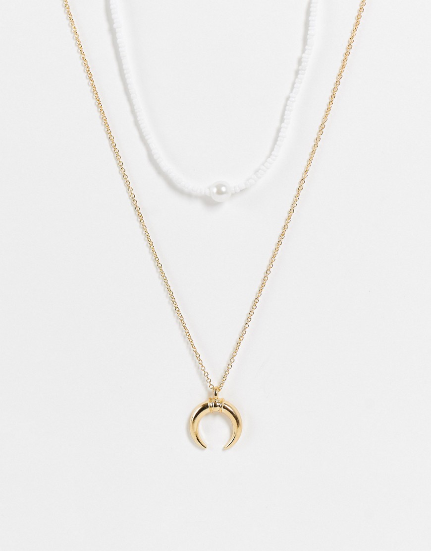 DesignB London multirow bead and horn necklace in gold