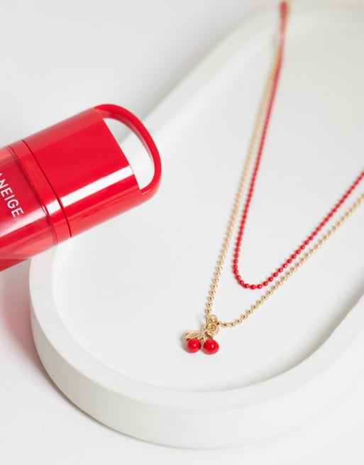 DesignB London multirow cherry charm necklace in gold tone and red, 2 of 4