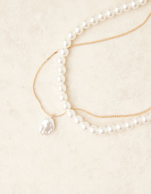 Designb London Multirow Faux Pearl And Pendant Necklace In Gold