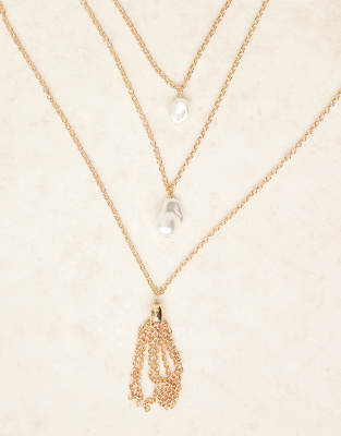 Designb London Multirow Faux Pearl And Tassel Pendant Necklace In Gold