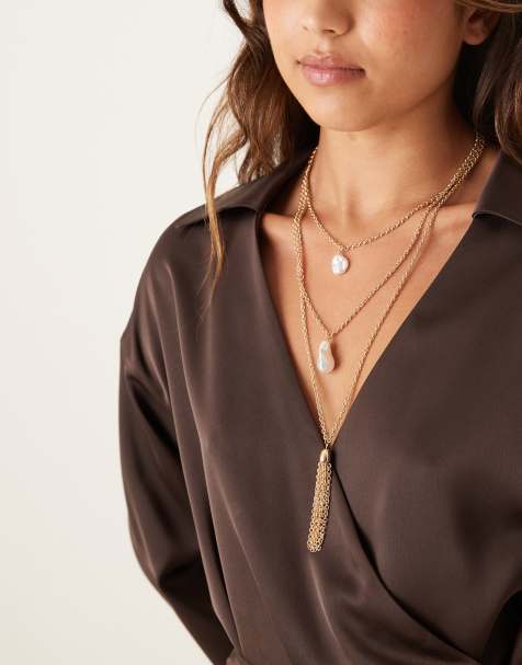 DesignB London multirow pearl and tassel pendant necklaces in gold - view 1