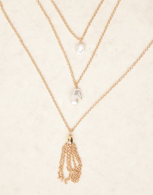 DesignB London multirow pearl and tassel pendant necklaces in gold, 2 of 3