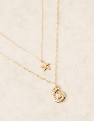 Designb London Multirow Shell And Starfish Pendant Necklaces In Gold