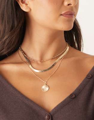 Designb London Multirow Snake Chain And Faux Pearl Pendant Necklace In Gold