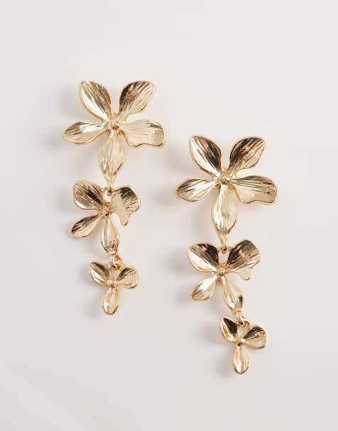 DesignB London - Oorhangers met bloemen in goudkleur - view 1