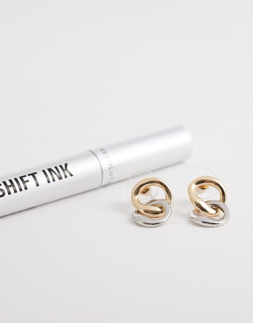 DesignB London - Orecchini a bottone a cerchio in metallo misto tonalità oro e argento, 2 di 4