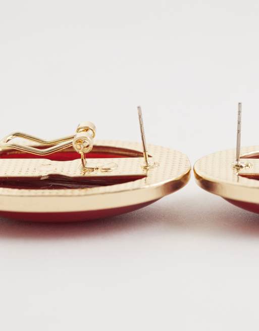 DesignB London - Orecchini a bottone grandi stile vintage rosso e tonalità oro, 4 di 4