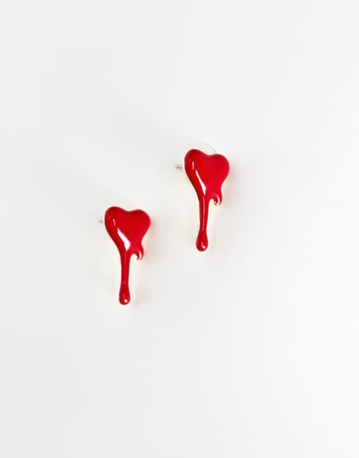 DesignB London - Orecchini a bottone rossi a forma di cuori che gocciolano, 3 di 4