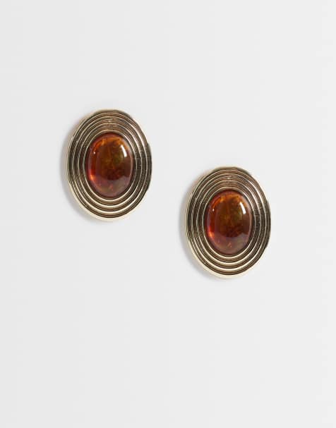 DesignB London orecchini a bottone vintage con pietra ambra incastonata in oro - view 1