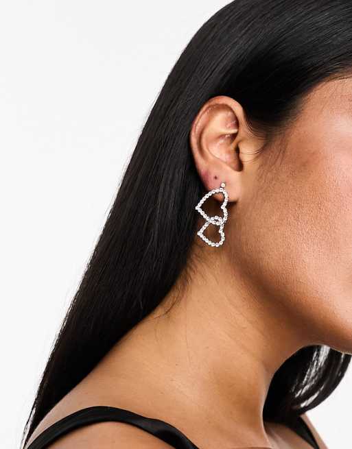 DesignB London - Orecchini color argento a cuore doppio con strass