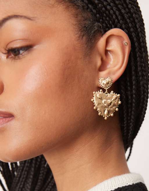 DesignB London - Orecchini pendenti appariscenti a forma di cuore stile bohémien color oro