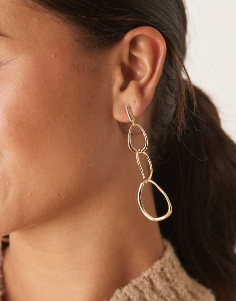 DesignB London - Orecchini pendenti color oro con triple maglie effetto metallo fuso - view 1