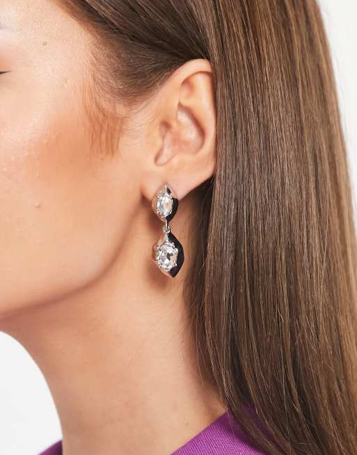 DesignB London - Orecchini pendenti in metallo fuso color argento con cristalli