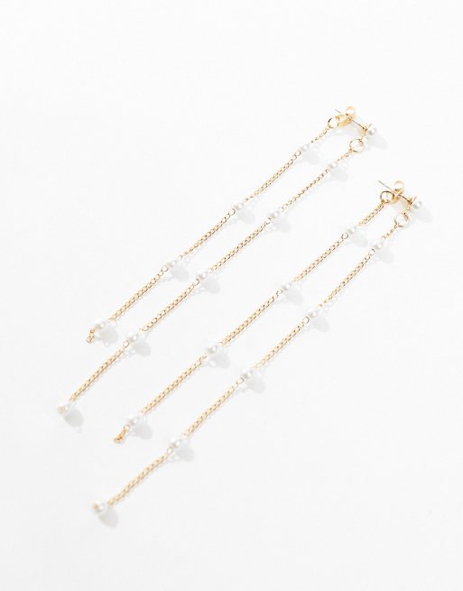 DesignB London - Orecchini pendenti lunghi color oro con perle , 3 di 4
