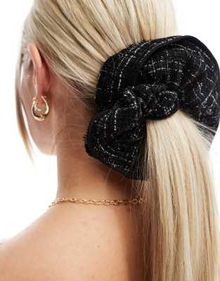 DesignB London oversized tweed hair scrunchie in black