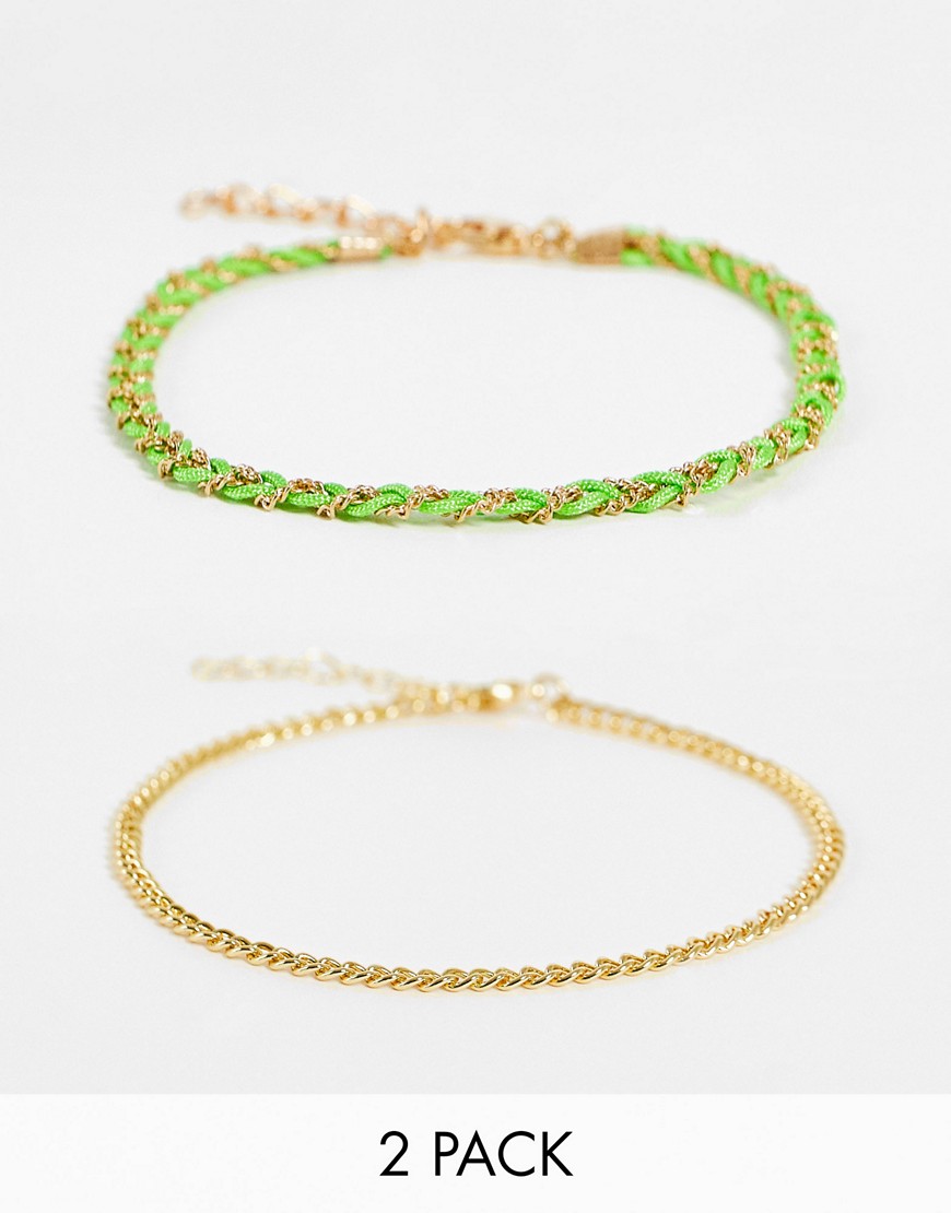 DesignB London pack of 2 anklets with green plait rope in gold tone-Multi
