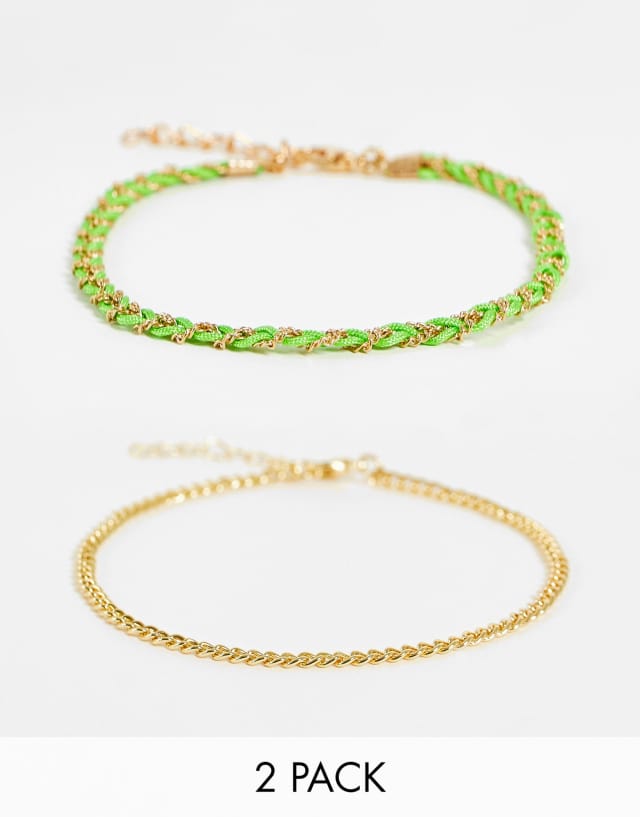 DesignB London pack of 2 anklets with green plait rope in gold tone