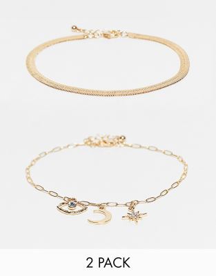 DesignB London DesignB London pack of 2 anklets with mystical charms in gold tone