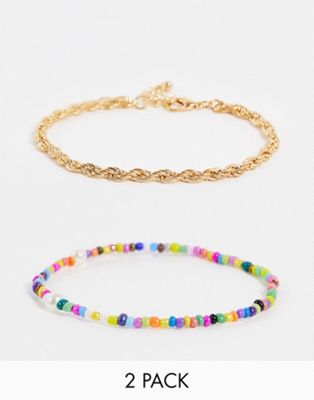 DesignB London pack of 2 beaded and chain anklets
