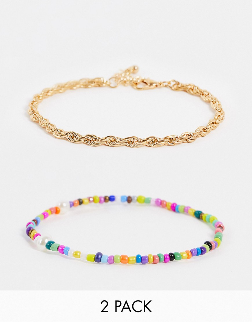 DesignB London pack of 2 beaded and chain anklets-Multi
