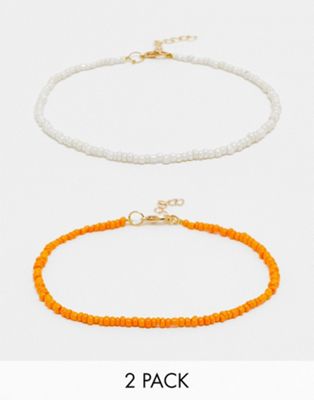 pack of 2 beaded anklets in white and orange-Multi