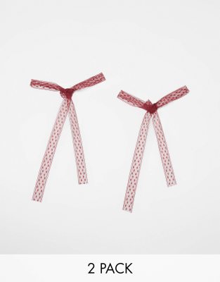 DesignB London pack of 2 broderie hair bow ribbons in burgundy-Red