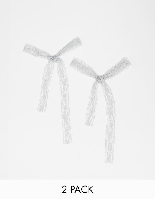 DesignB London pack of 2 broderie hair bow ribbons in pale blue  