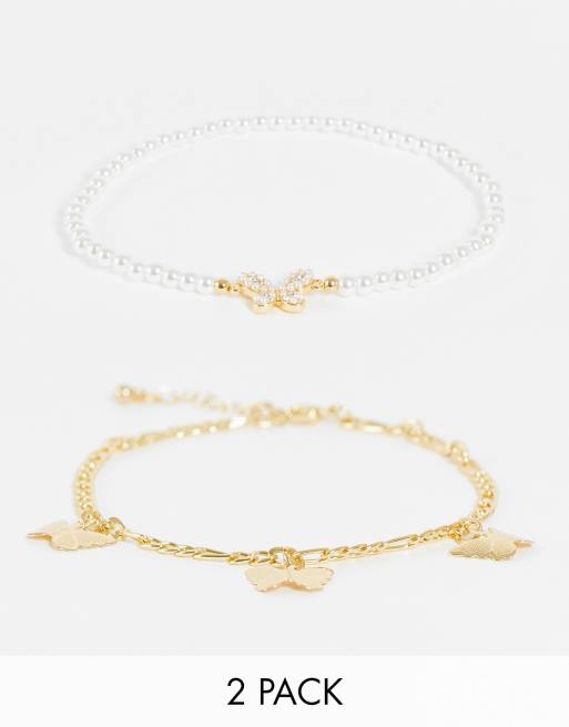 DesignB London pack of 2 butter fly pearl anklets in gold tone 