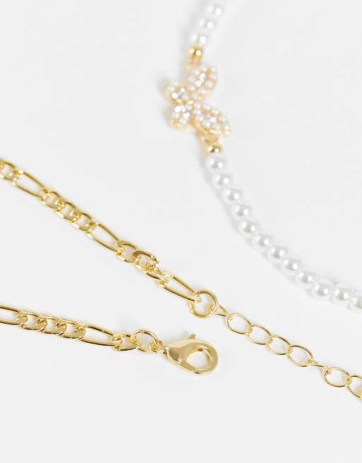 DesignB London pack of 2 butter fly pearl anklets in gold tone , 3 of 4