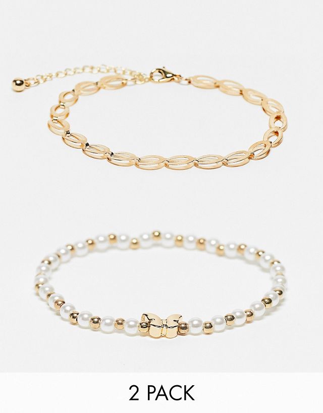 DesignB London pack of 2 chain and pearl bracelets in gold