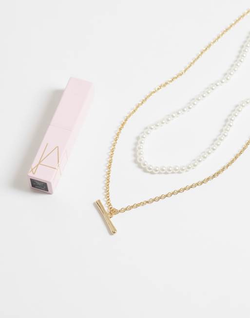 DesignB London pack of 2 chain & pearl necklaces in gold, 2 of 3