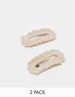 DesignB London pack of 2 crochet hair clips in cream-White