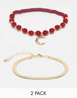 DesignB London pack of 2 flat chain and beaded bracelets in gold