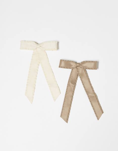 DesignB London pack of 2 frill detail hair bows in brown and cream - view 1